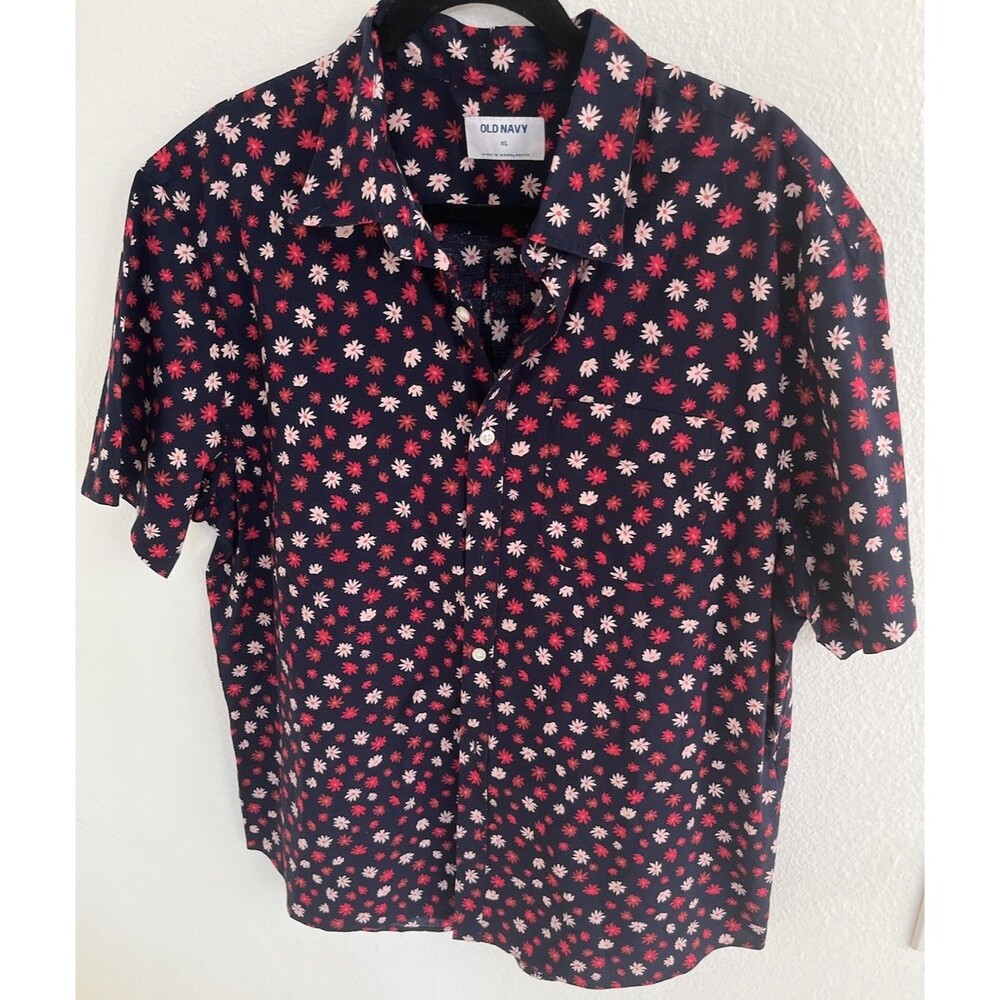 Old Navy Button Down Shirt Mens XL Navy Blue Red Pink Ditsy Floral Retro Casual